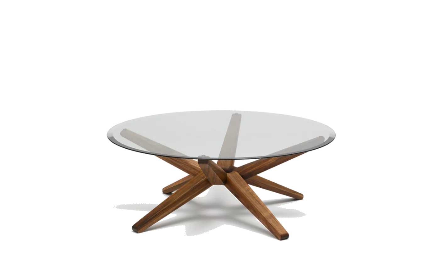 round coffee table stern made of wood walnut with transparent glass top