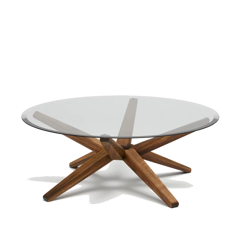 round coffee table stern made of wood walnut with transparent glass top
