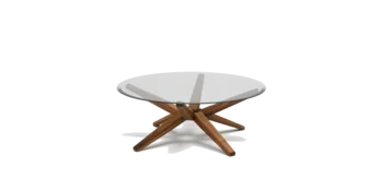 runder Couchtisch stern aus Holz Nussbaum mit durchsichtiger Glasplatte