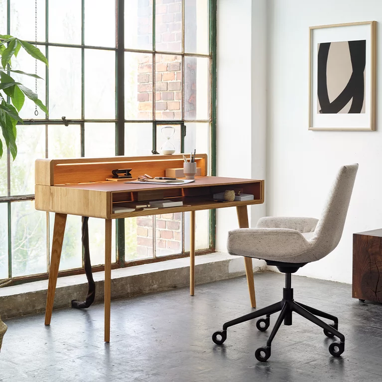lui plus office swivel chair in fabric with swivel base in matt black on sol smarter solitaire in solid oak and leather