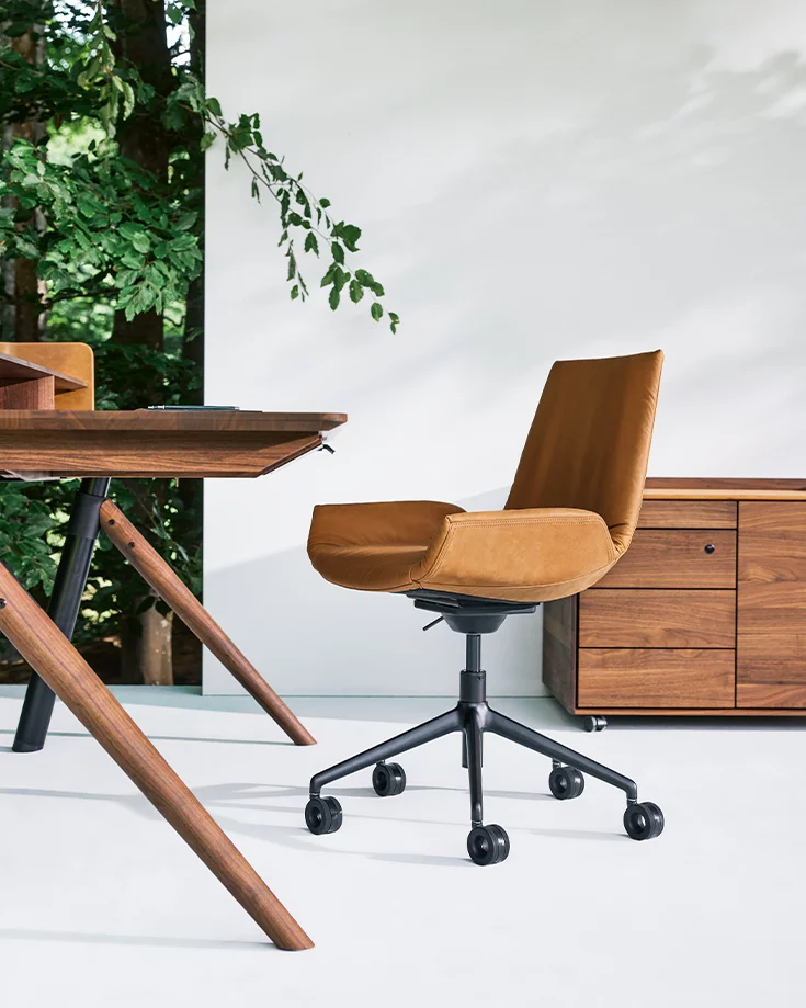lui plus office swivel chair in leather with pisa desk and mobile pedestal in solid walnut