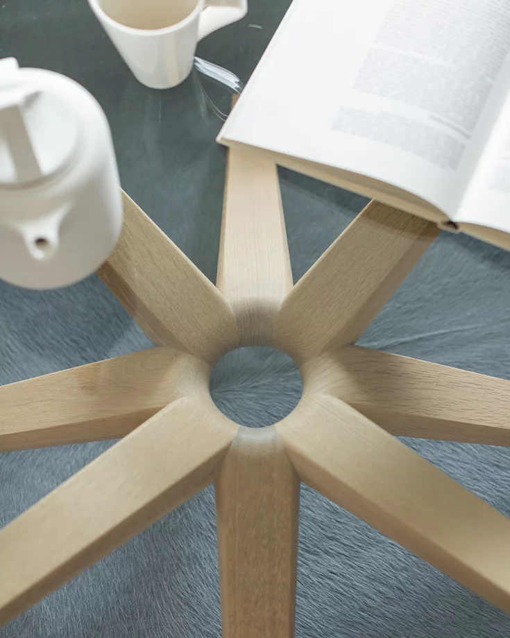 stern living room table with transparent glass top in solid oak white oil, detailed picture