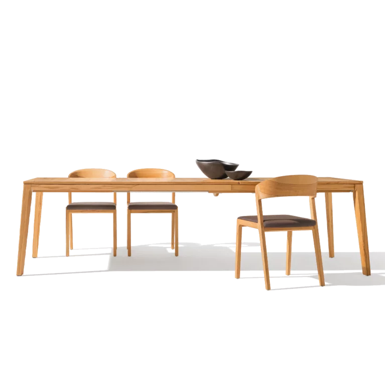 mylon extendable table made of solid wood in beech heartwood with comfortable mylon chairs