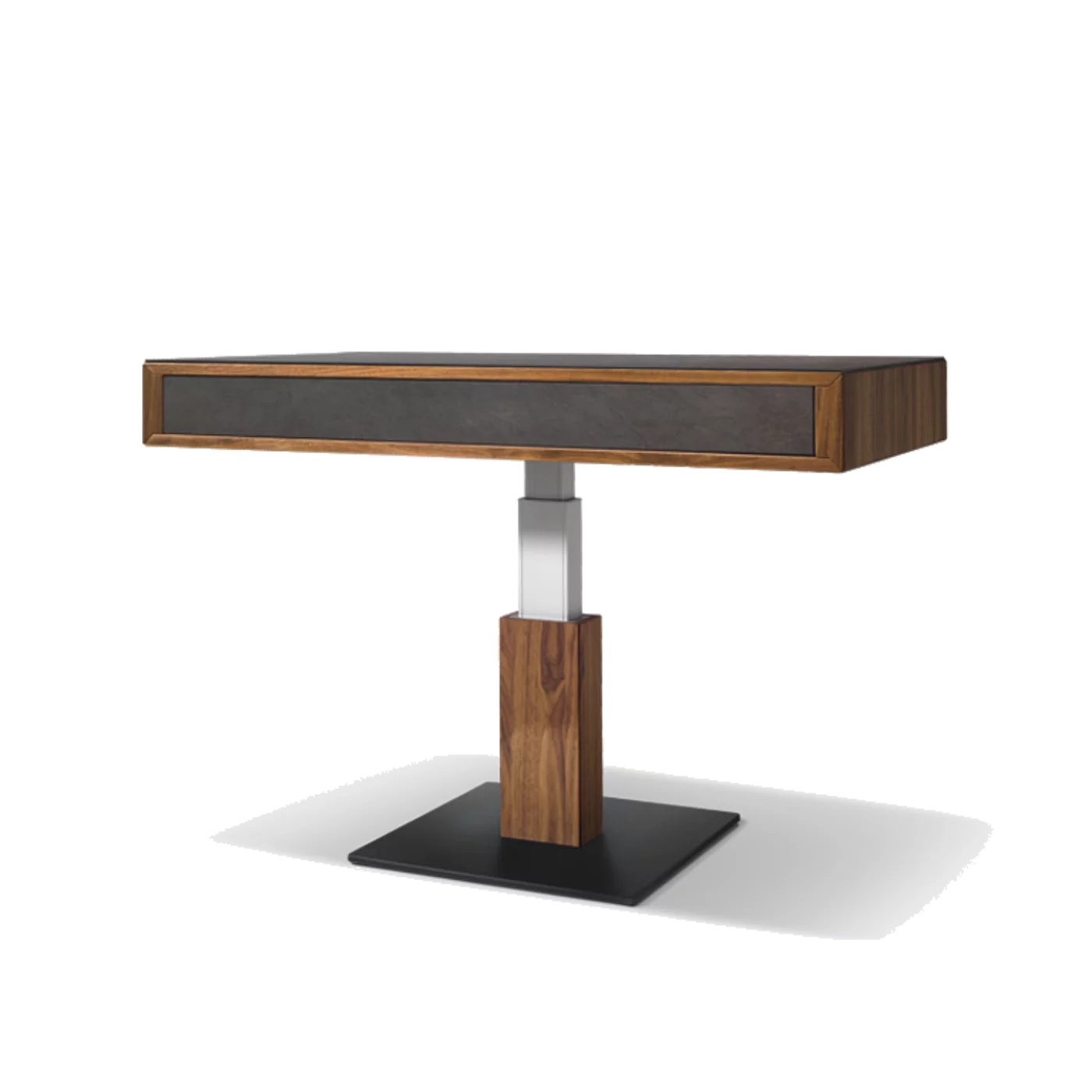 height adjustable lift coffee table in walnut with basalt black ceramic front