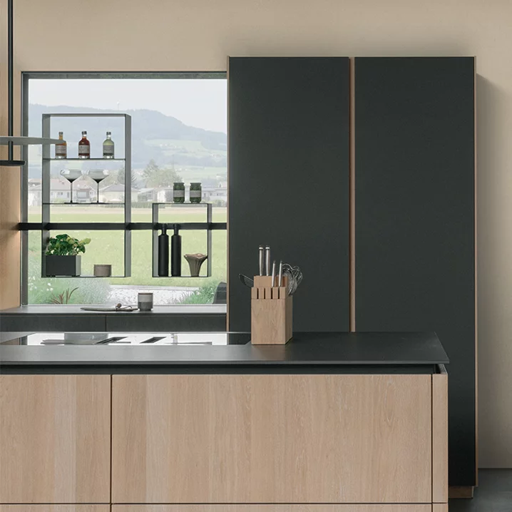 pur wooden kitchen in solid oak white oil with coloured glass graphite grey matt and sign niche element