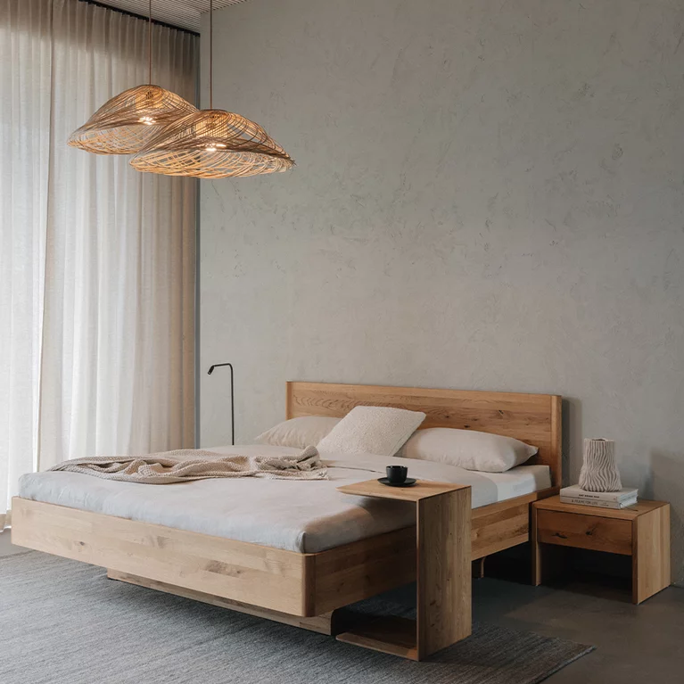 lunetto bedside table in wild oak with the times bed and the clip side table