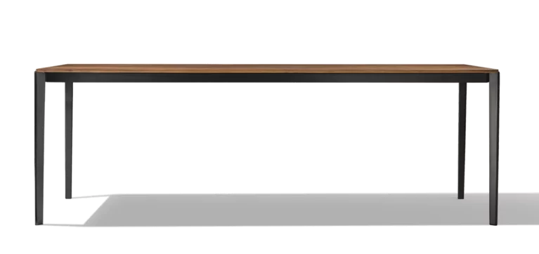 extendable dining table tak made of wood with frame in matt black, side view