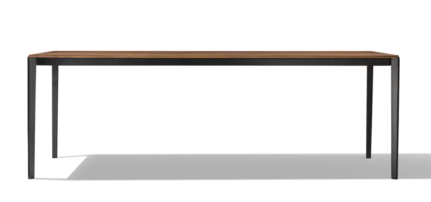 extendable dining table tak made of wood with frame in matt black, side view