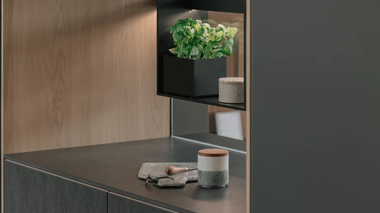 pur real wood kitchen in oak white oil kitchen unit with integrated sign niche element, detailed view