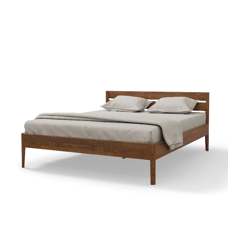 light solid wood bed in walnut with tapered feet