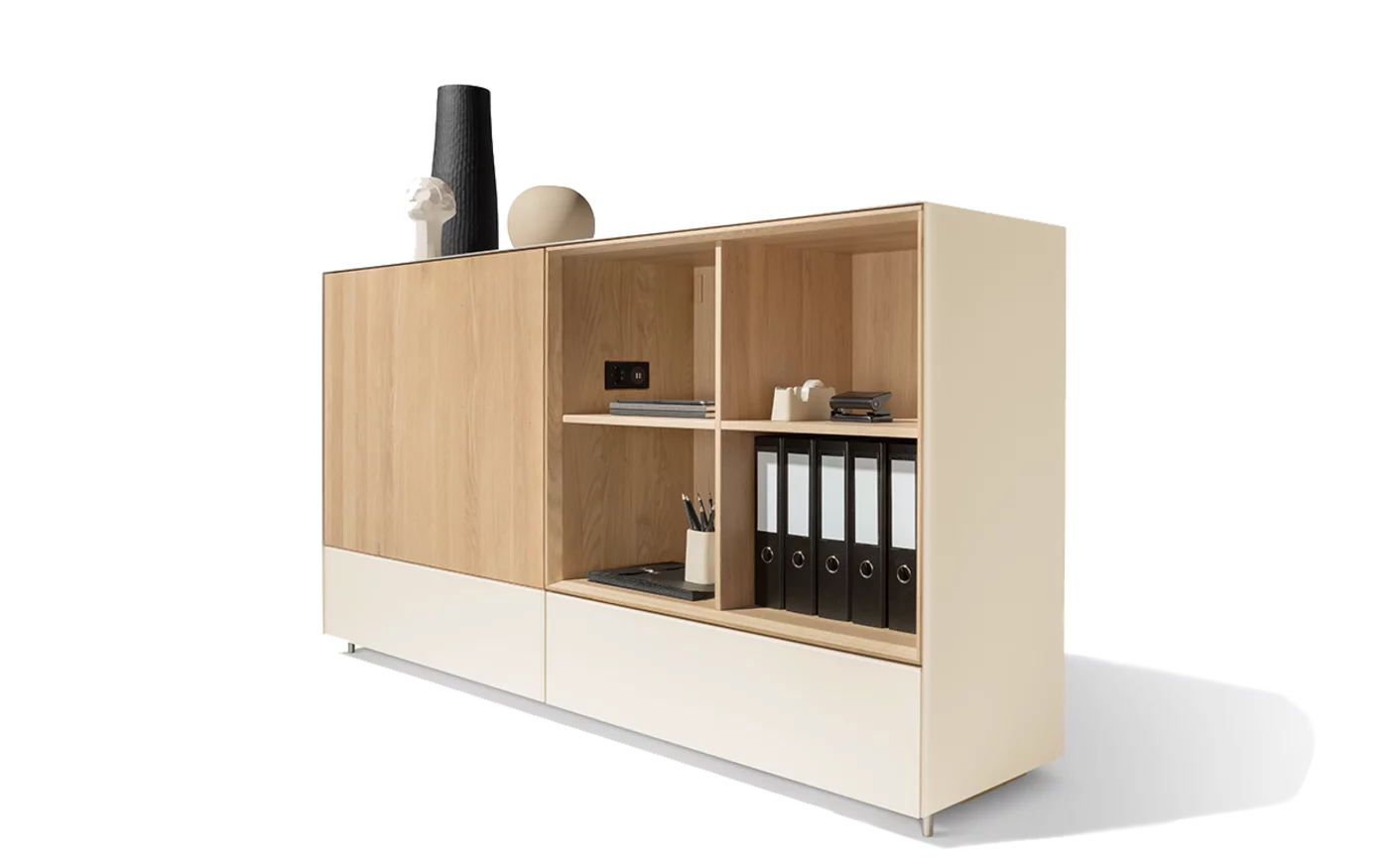 cubus pure Sideboard mit Schiebetür in Massivholz und Farbglas