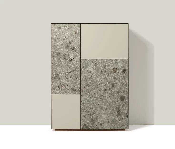 Modern solid wood highboard with top panel sides and fronts in MDi iseo gris and coloured glass greige